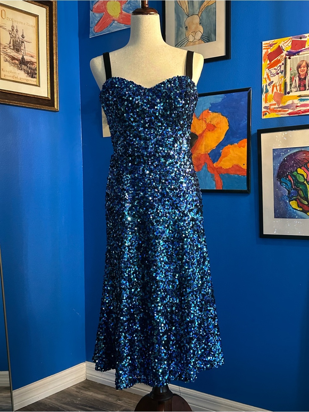 Dress the Population Blue Sequin Midi Dress Sweetheart Neck Party Cocktail Size
